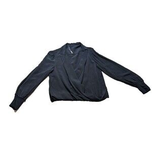 Alice + Olivia Women's Black 100% Silk Pleated Crossover Faux Wrap Blouse Sz M